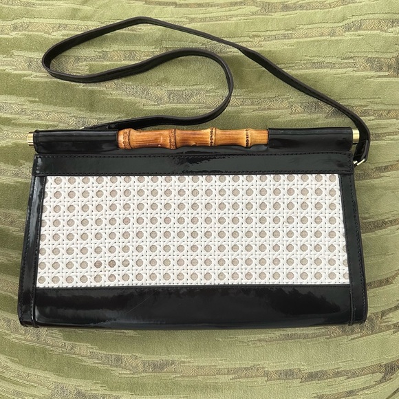 Anne Klein Earthly Delights Black Patent Bamboo Caning Shoulder Bag Clutch - Picture 2 of 11